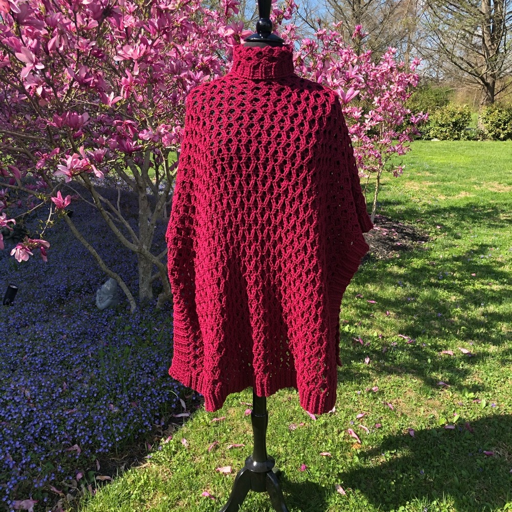 Handmade One of a Kind Crochet Poncho in Cranberry